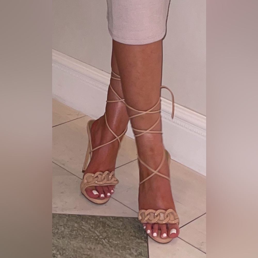 Nude lace up chain sandals
